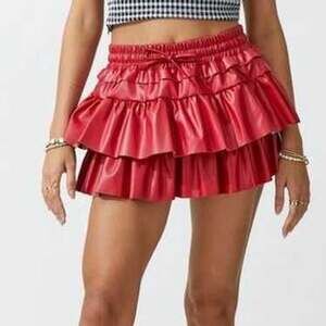 Day + Moon Red Faux Leather Tiered Ruffle Skort